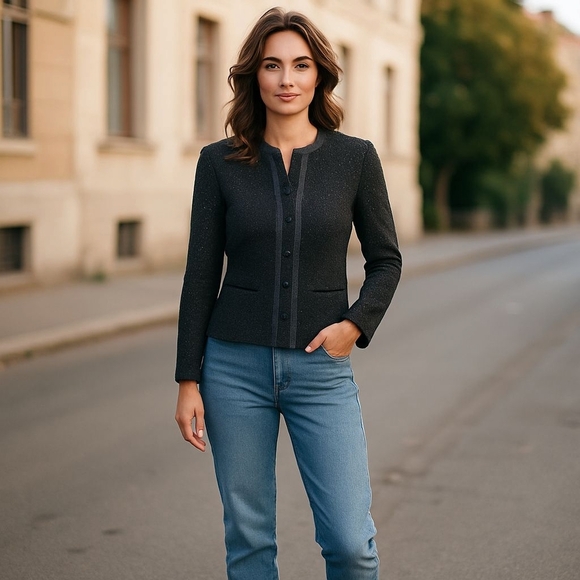 Covington Tweed Blazer Black Metallic Career Jacket Size S Workwear Lined Chic - Picture 3 of 12